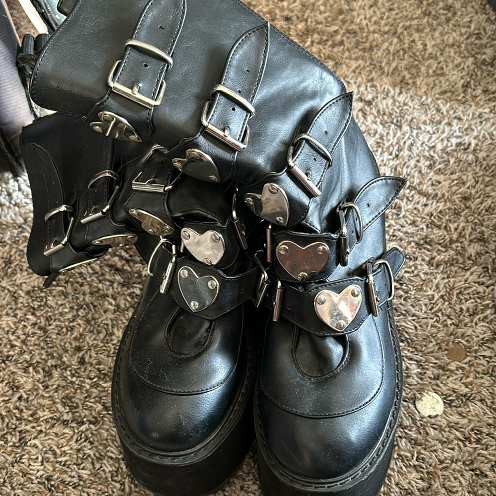 Demonia Swing 230 Black Heart Buckle Boots